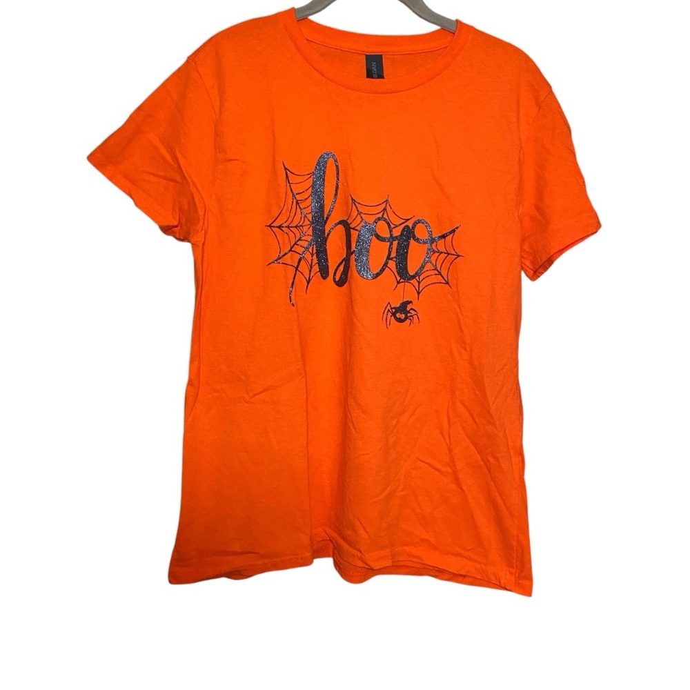 Halloween Boo Shirt Short Sleeve Orange Fall Spiderweb Glitter 100% Cotton